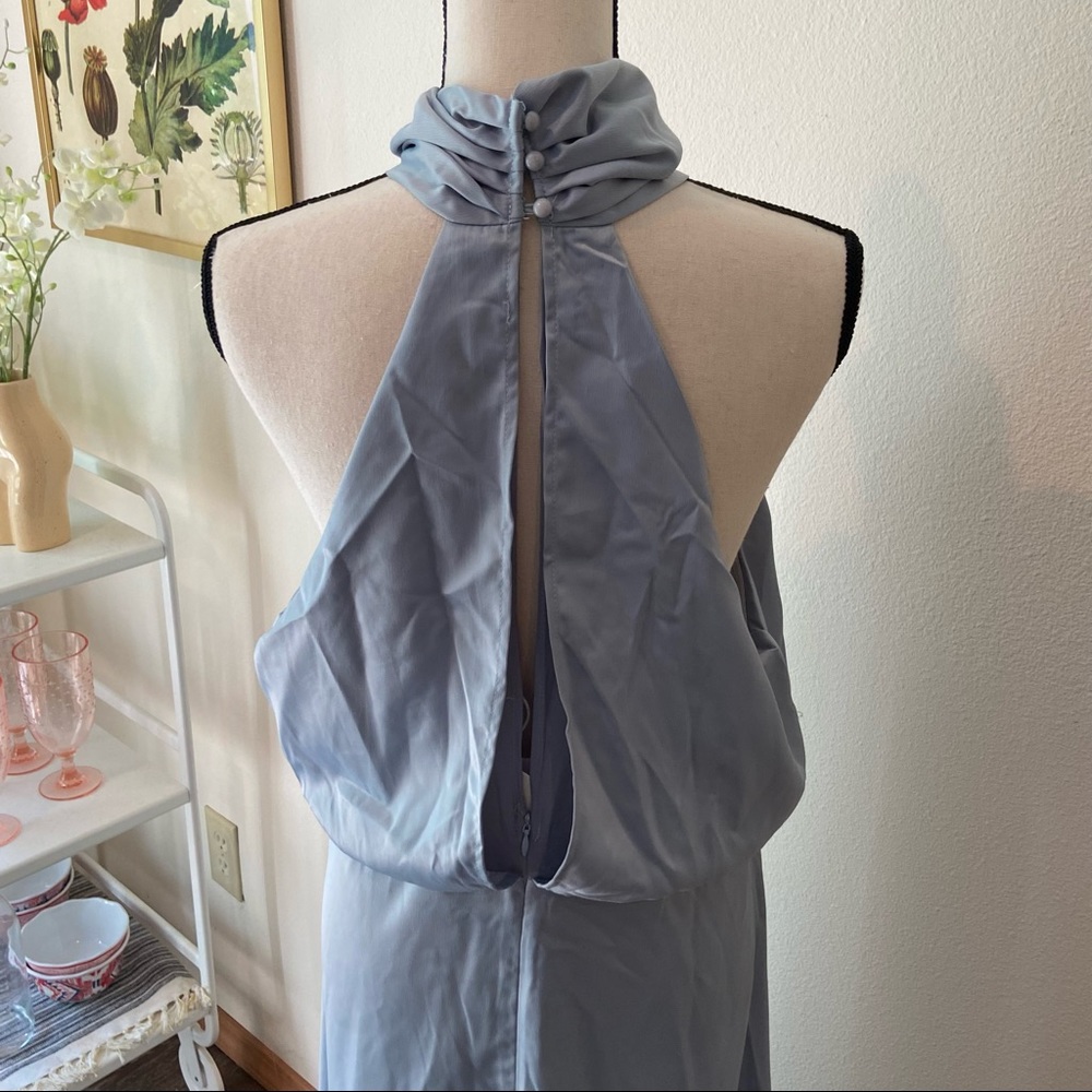 Boohoo Ice Blue Twist Front High Neck Satin Formal Dress - Picture 7 of 9